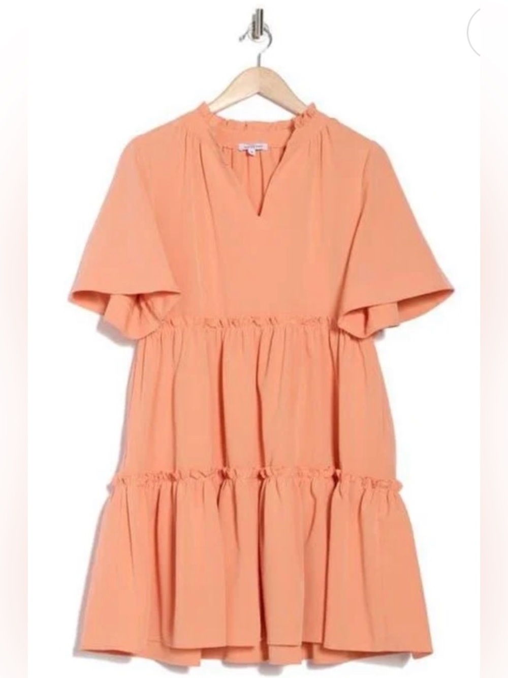 NWT Area Stars Coral Tiered Trapeze Dress Split Neck Flutter Sleeve Pockets M - Picture 2 of 4